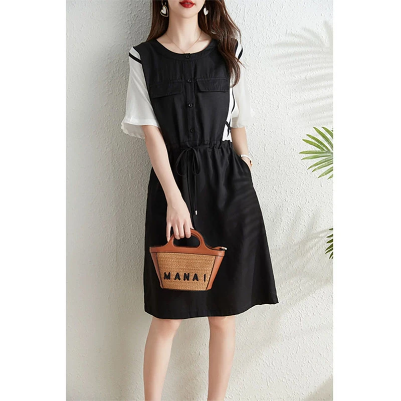 CG6212拼接显瘦夏季街头裙子连衣裙气质工装基本款小黑裙中长款