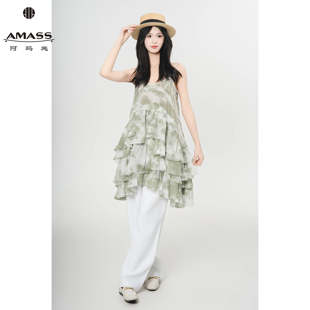 AMASS/阿玛施夏季新款优雅欧若风时尚复古印花吊带连衣裙  550015