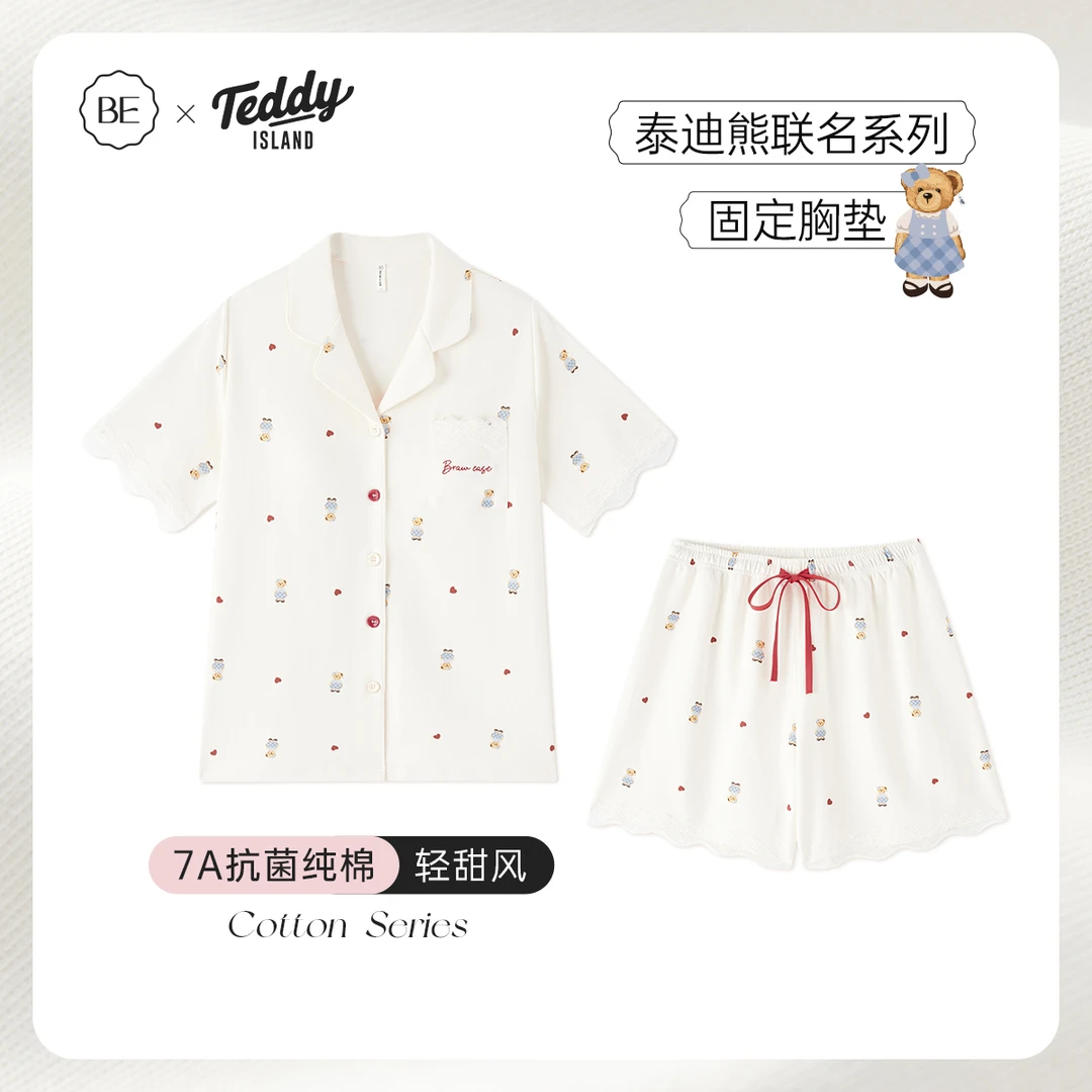 泰迪熊联名纯棉睡衣女款2025新款带胸垫夏季短袖可爱小熊家居服