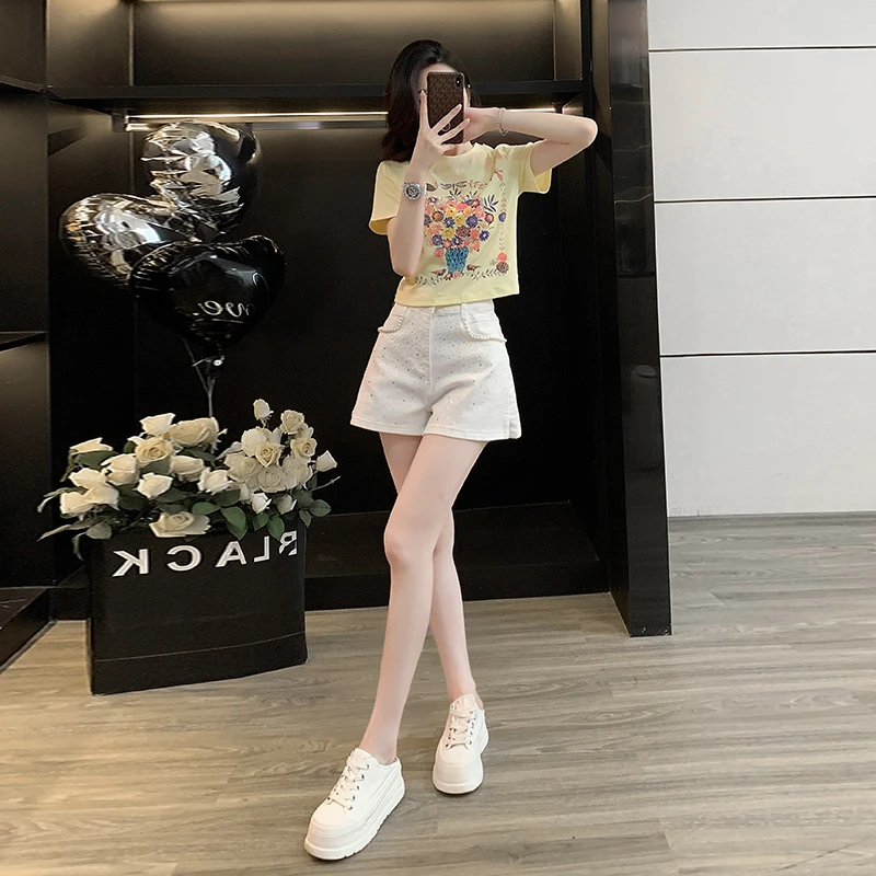 小个子穿搭时尚套装女2025夏洋气减龄短款短袖T恤牛仔短裤两件套
