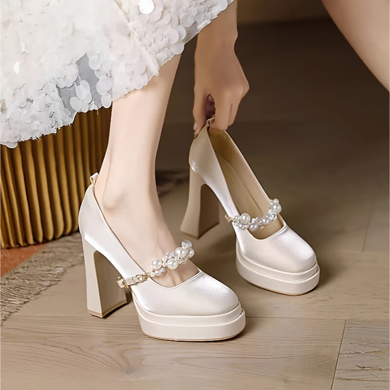 防水台香槟色玛丽珍新娘婚鞋超高演出不累脚缎面高跟鞋女粗跟10cm