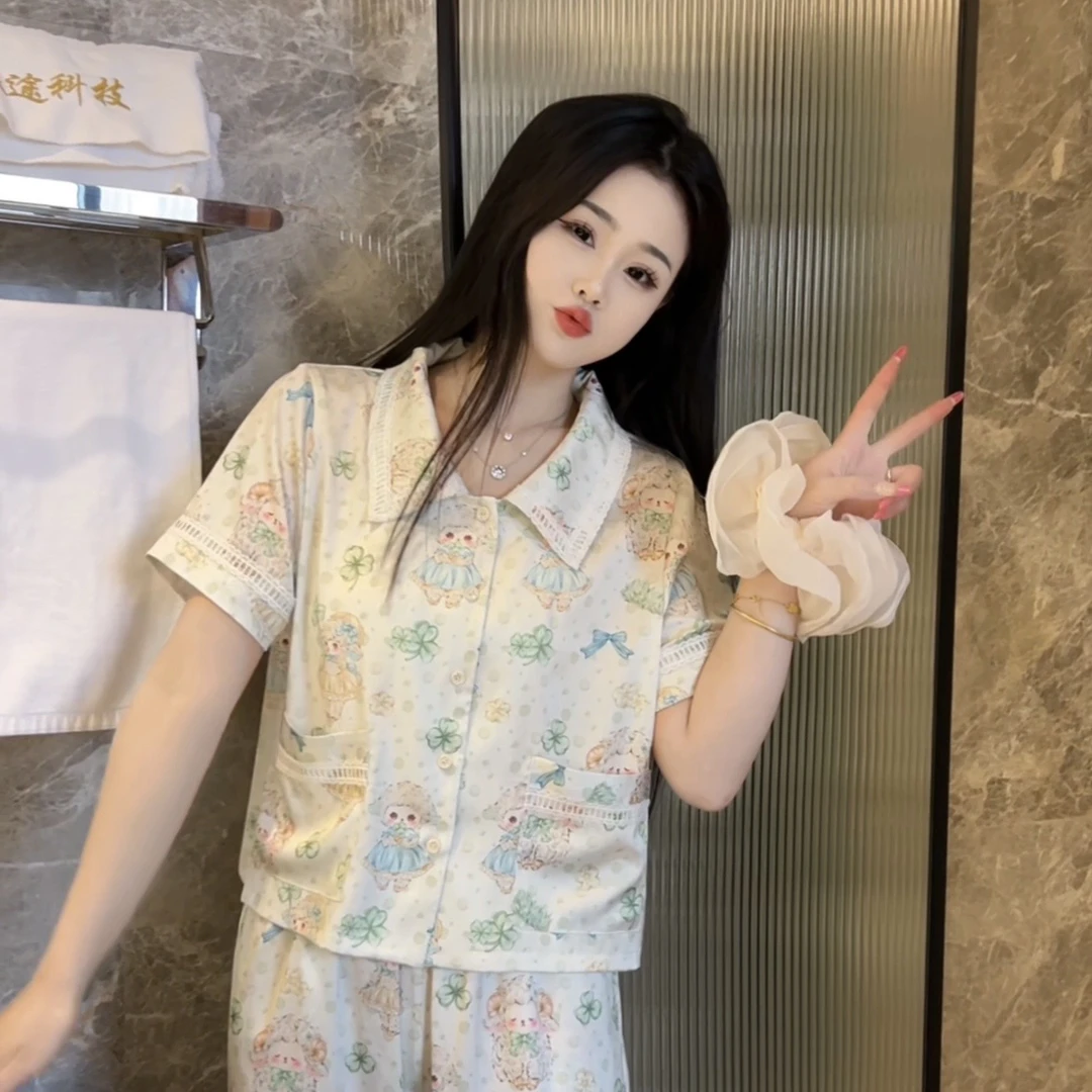 （四叶草小羊）夏季减龄气质可爱休闲显瘦睡衣短袖女家居套装可外穿