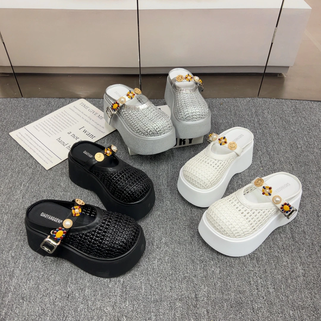 时尚百搭休闲潮拖夏季透气镂空网面洞洞松糕底舒适