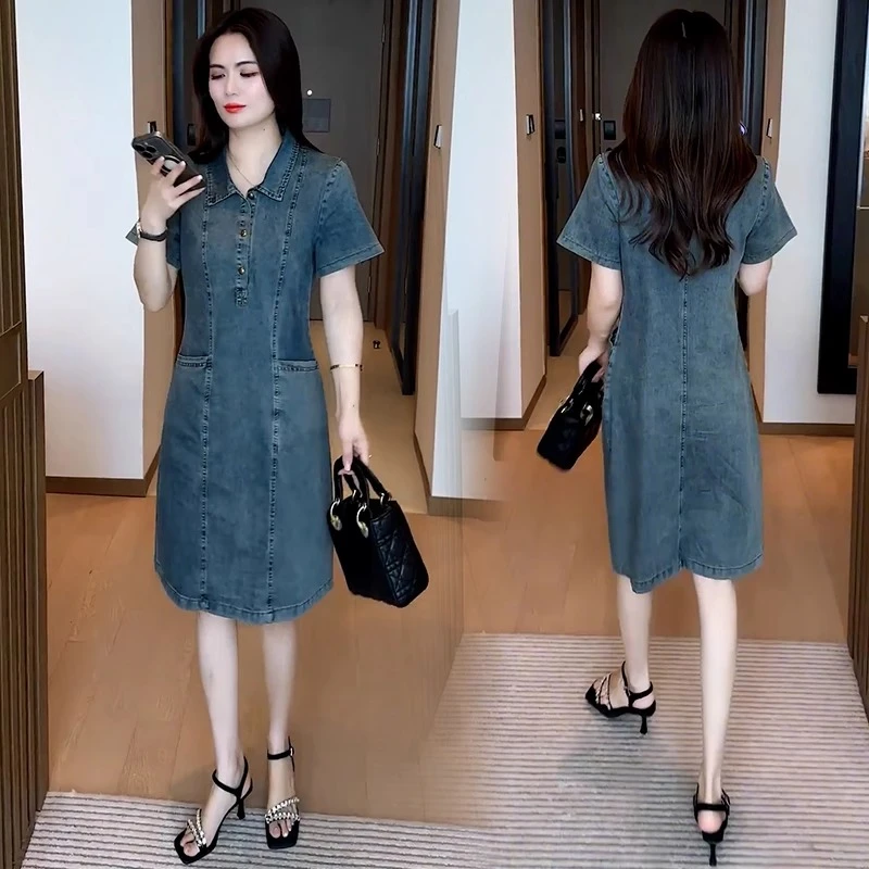 新款牛仔连衣裙女2025夏季洋气显瘦宽松中长款衬衫领气质减龄裙子