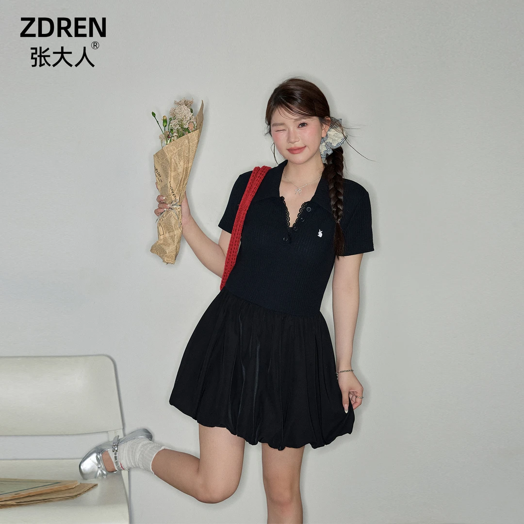 张大人【都灵学妹】大码女装微胖妹妹显瘦POLO领减龄少女感花苞裙