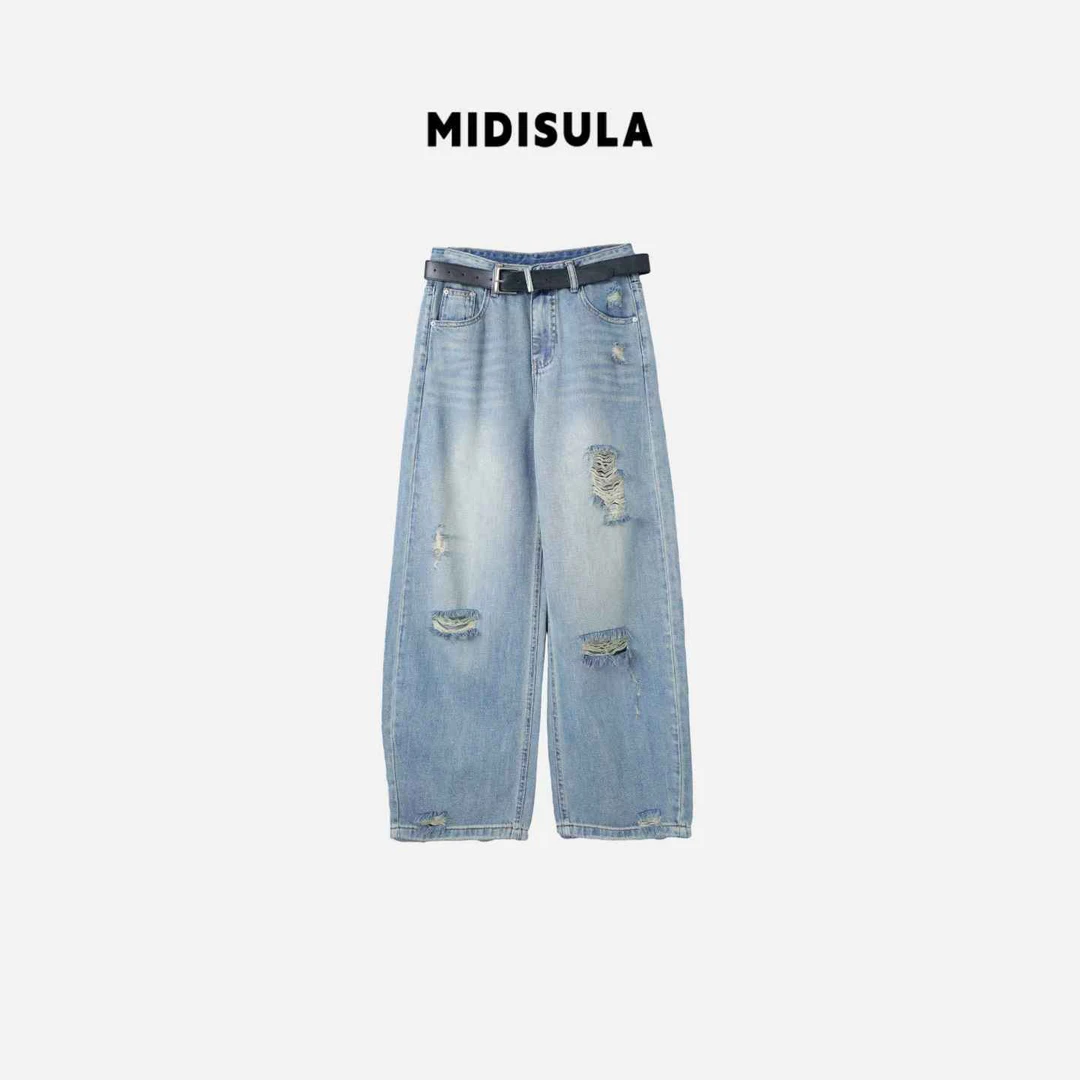 阿玉家&高腰显瘦阔腿裤女宽松遮肉弯刀香蕉破洞牛仔裤#79229