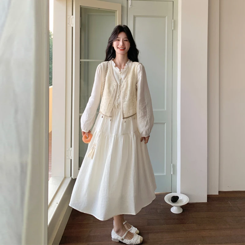 小清新文艺范流苏马甲连衣裙2025早秋新款可盐可甜温柔风气质套装