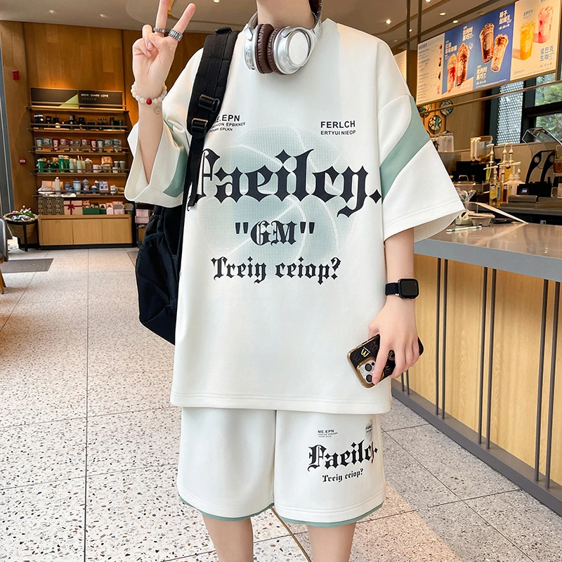 夏季新款青少年宽松透气薄款短袖套装学生运动速干潮流透气上衣男