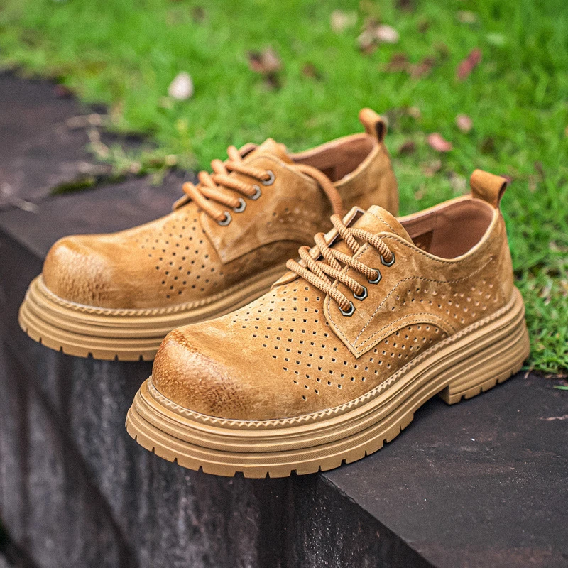 镂空工装鞋2025夏季新款百搭透气休闲鞋男女厚底时尚大头休闲皮鞋