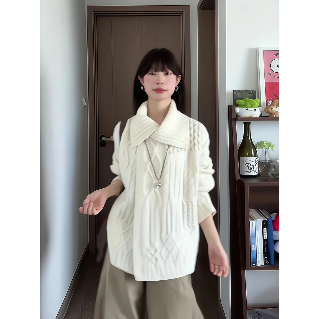韩系软糯感翻领麻花针织毛衣女秋冬季宽松显瘦洋气简约外套上衣