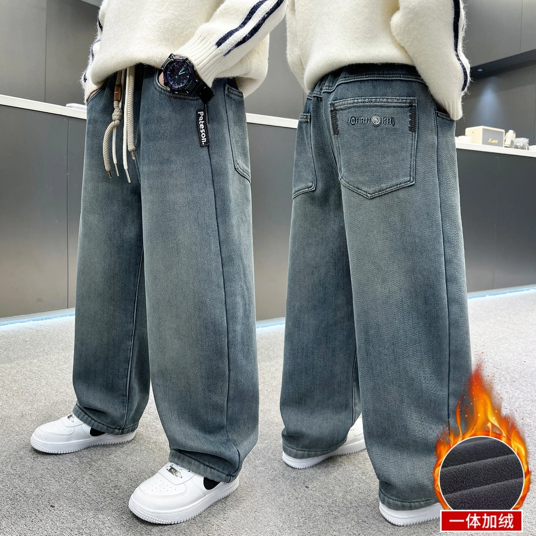 儿童装男童加绒裤子秋冬2025新款冬装牛仔裤男孩加厚保暖中大童潮