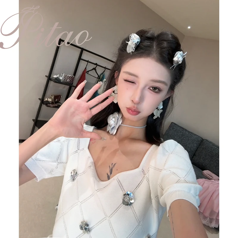 杜屁屁桃PITAO 原创【春夏内购】针织衫时尚气质短款夏季法式修身