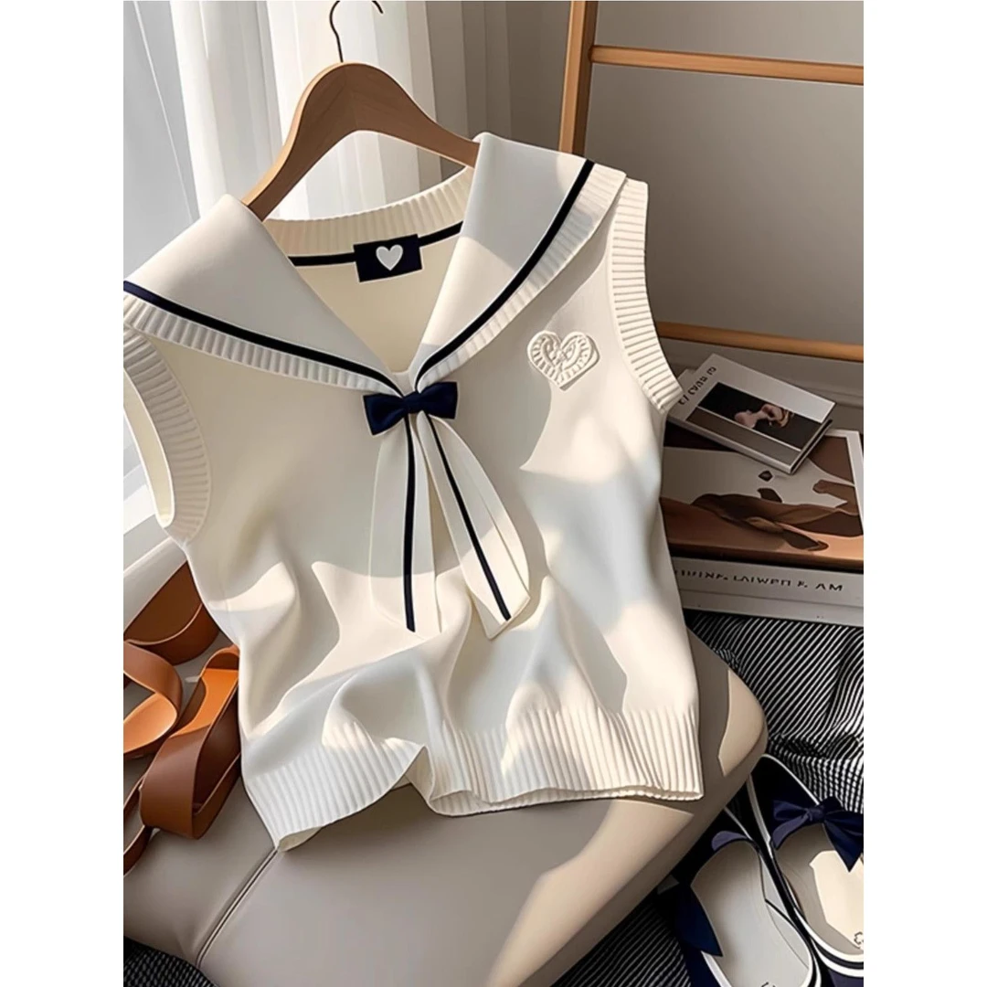 现货#奶白色海军领结外穿扭结马甲女夏新款开春韩系穿搭针织背心