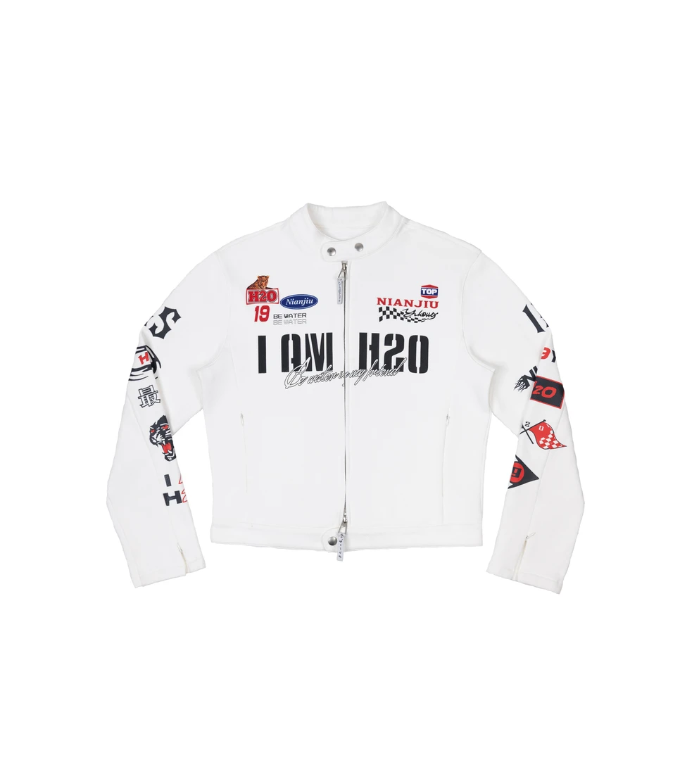 年九一口贰 I AM H2O印花针织赛车服短款修身夹克外套