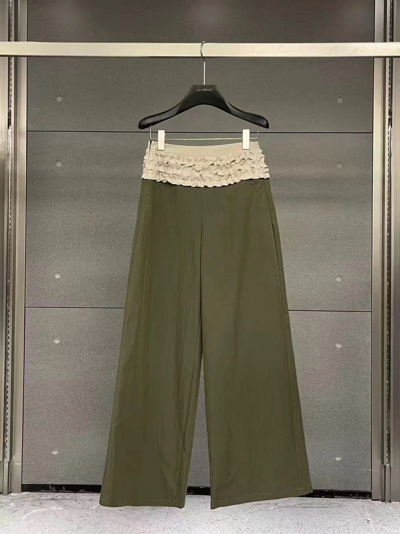 LIMCIAO新款 腰部拼接花边的军绿色工装裤休闲裤
