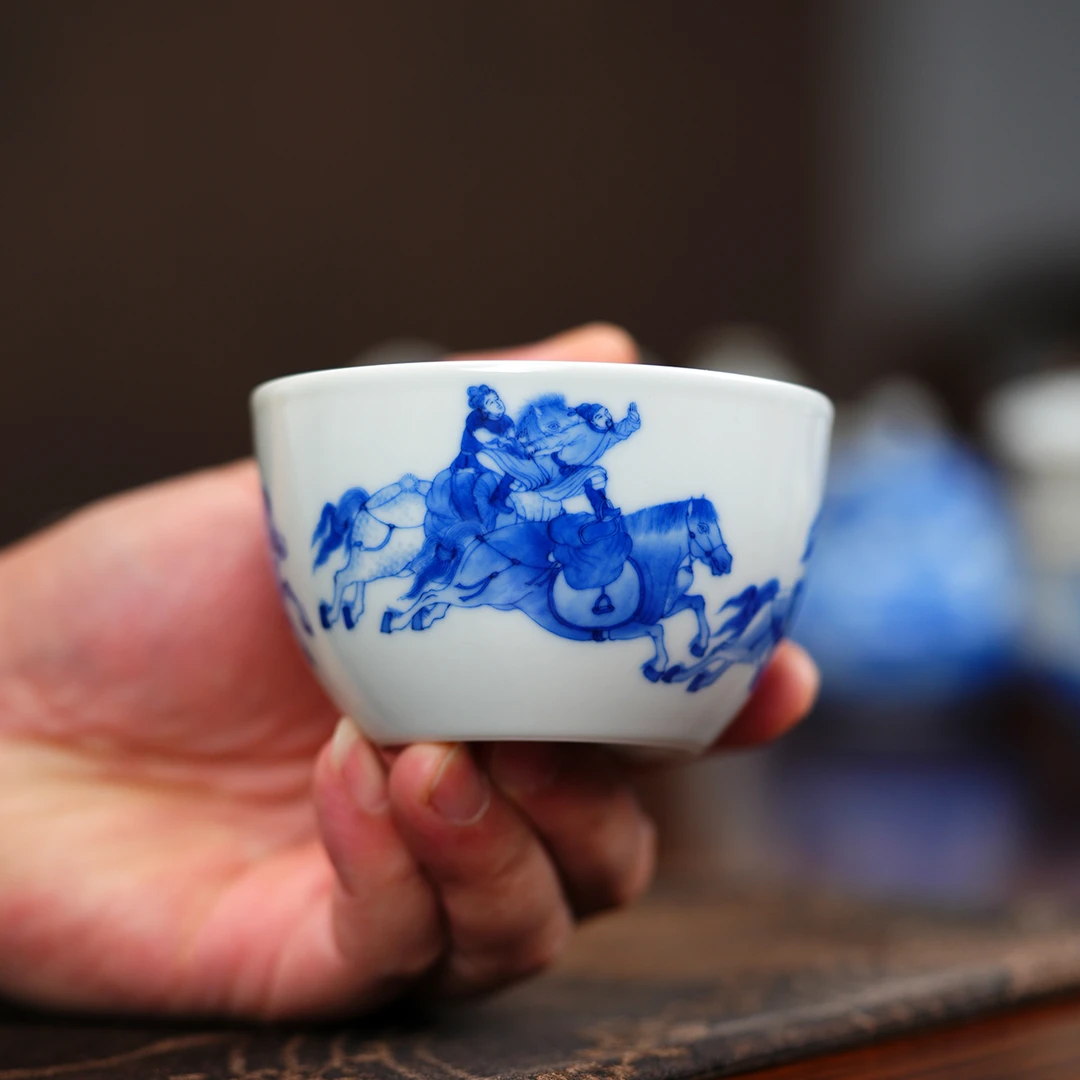 天心雅器纯手工手绘青花戏马图主人杯高端茶具单杯品茗杯