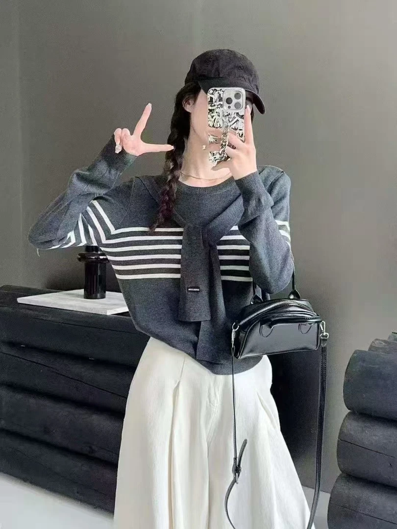 【秋季新款】条纹长袖针织衫薄款上衣假两件毛针织衫圆领秋季早秋