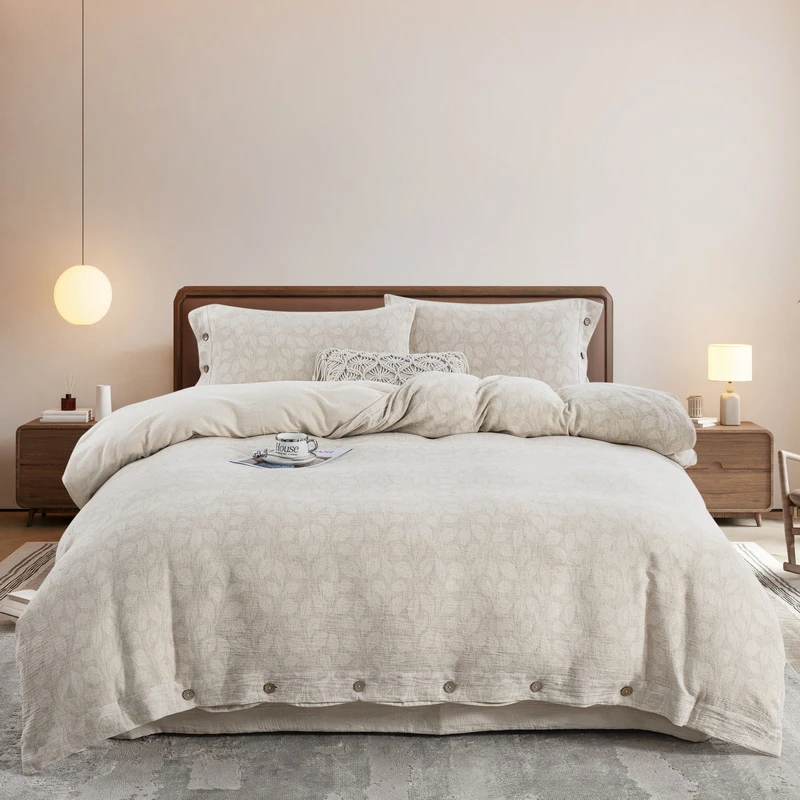 【卷珠帘-纽扣款】棉麻四件套柔软吸湿精致轻奢透气亲肤简约大气