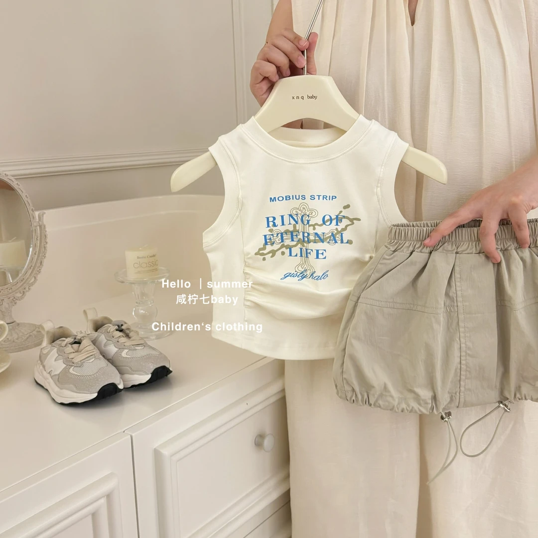 现【咸柠七】美式复古！女童夏装套装25新款儿童洋气背心工装半身裙