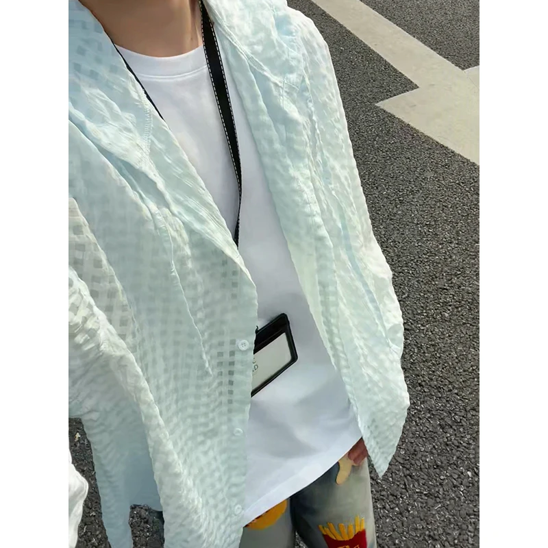 蓝色棋盘格连帽长袖衬衫男女同款夏季青少年户外冰丝cleanfit外套