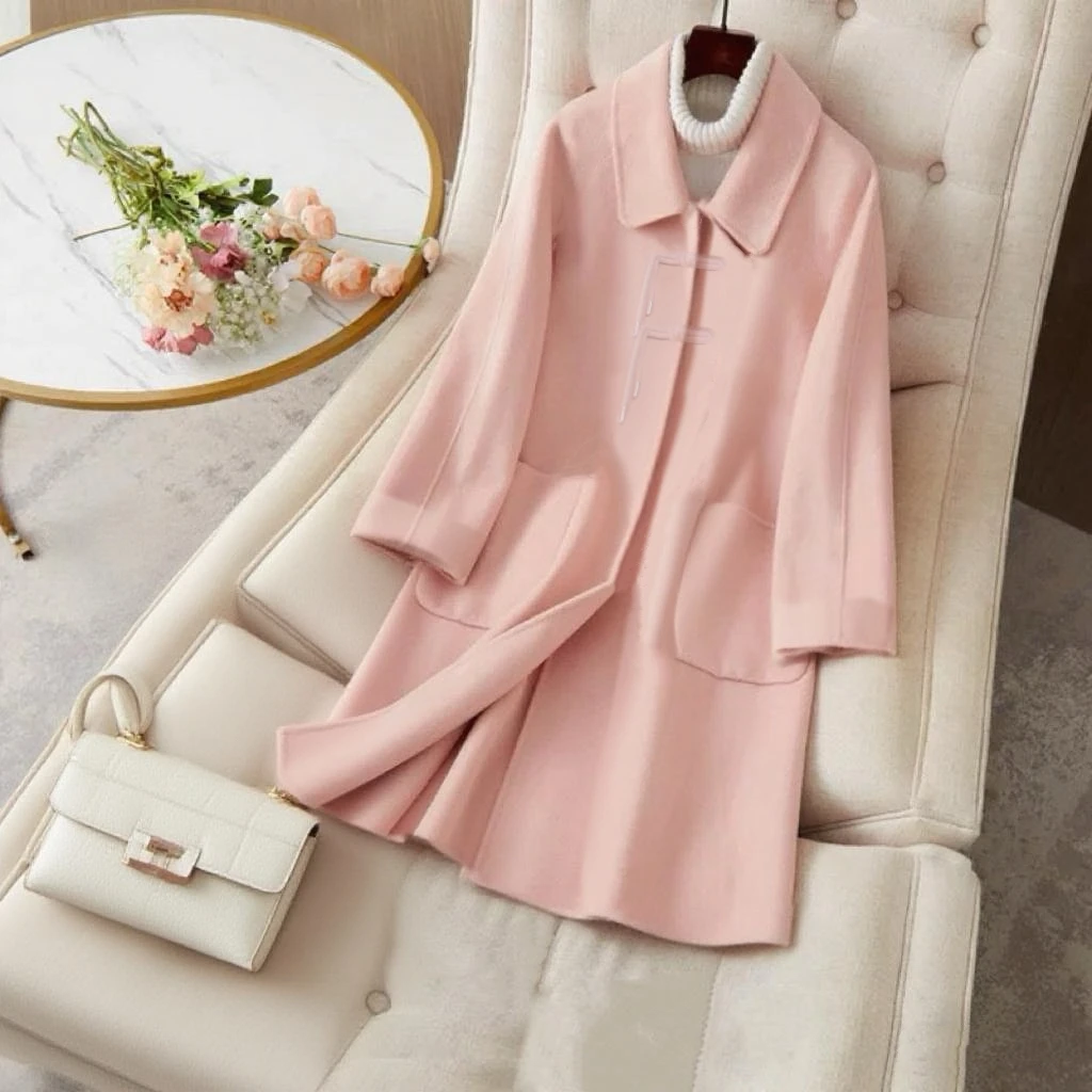 新款甜美减龄盘扣双面大衣翻领廓形百搭毛呢外套S039