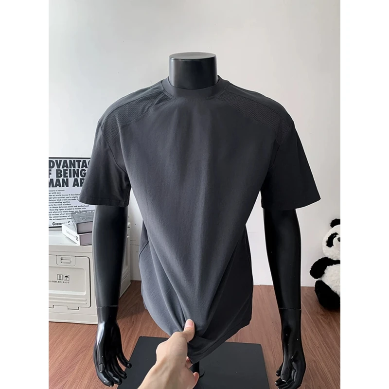 深灰色网眼透气正肩短袖男款夏季美式小领口半袖cleanfit凉感T恤