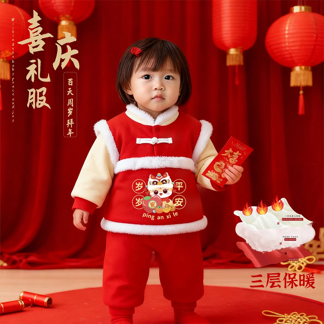 男女宝中国风过年拜年服周岁冬季款抓周一岁喜庆分体拍照生日套装