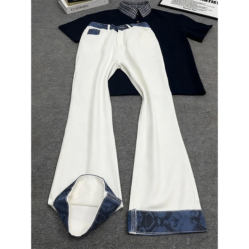白色卷边牛仔裤男秋季小众设计感痞帅裤子cleanfit美式高街微喇裤