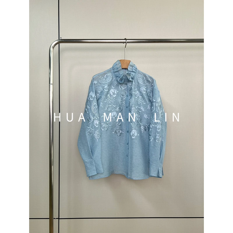 【花满林】‘蓝岛印记’木耳边重工刺绣丝麻衬衫255950