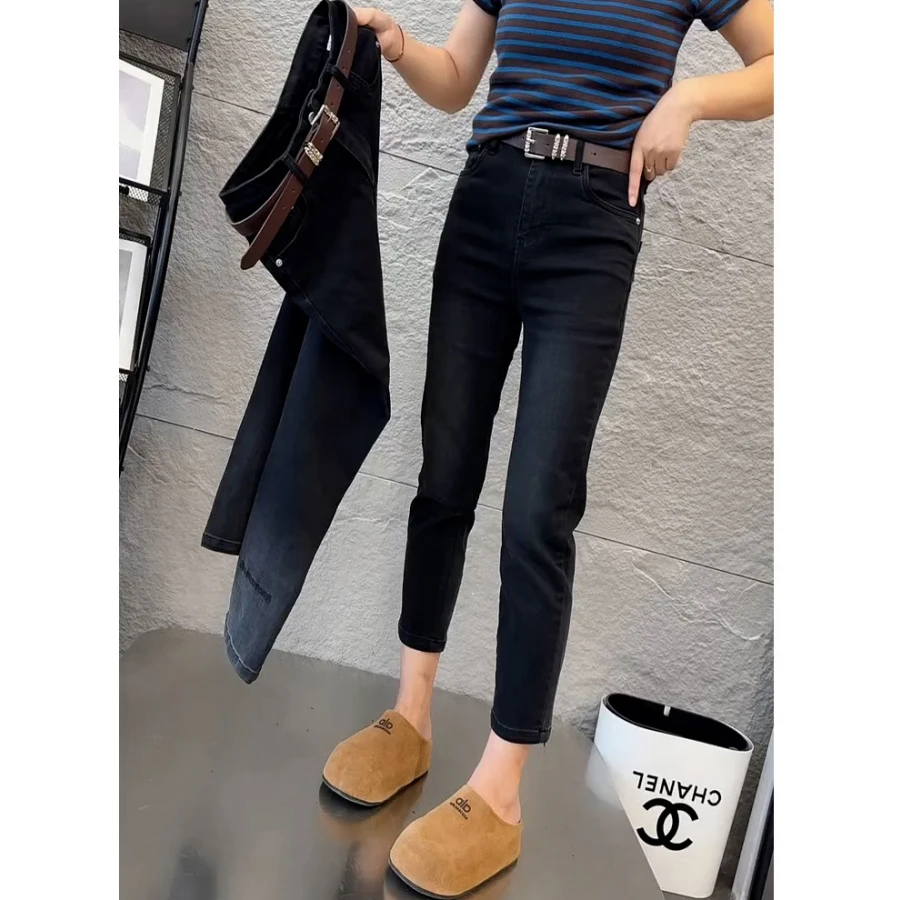 黑灰色高腰弹力直筒牛仔裤女春秋新款梨形身材大码显瘦九分烟管裤