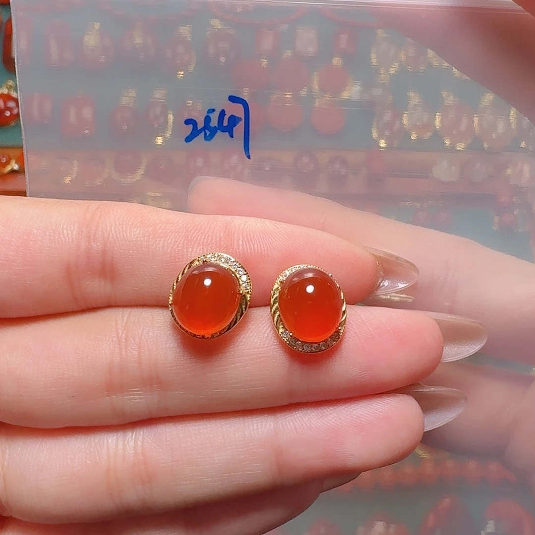 南红玛瑙银S925镶嵌耳饰