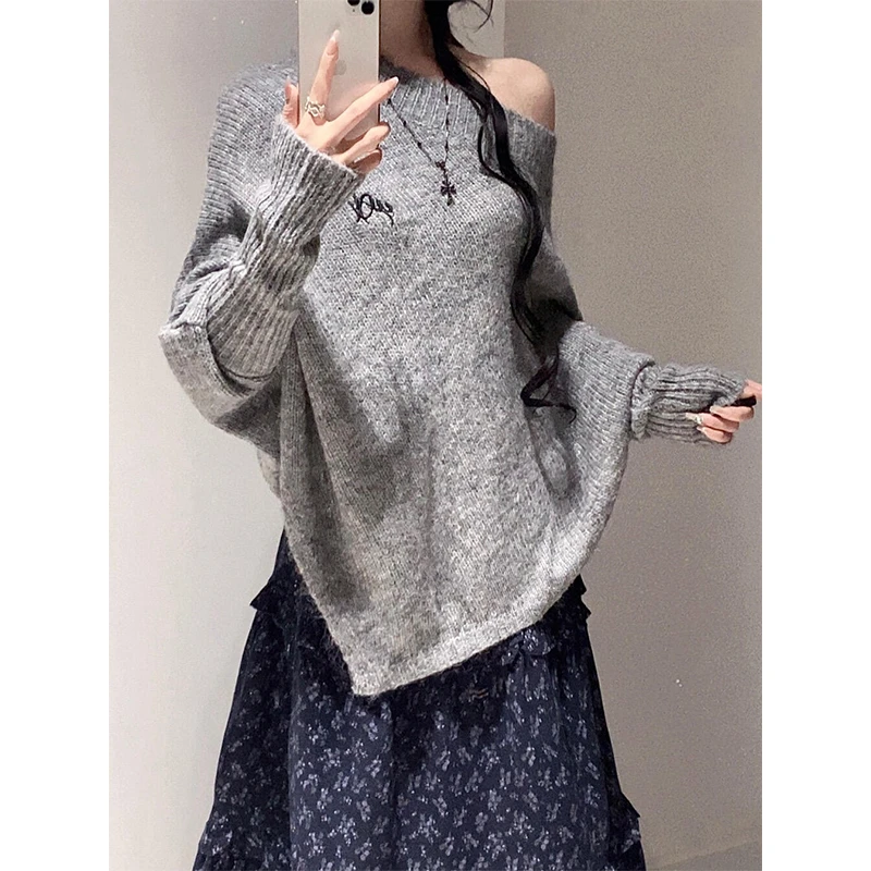 parkyeon韩系穿搭蝙蝠袖斜肩针织衫毛衣设计感碎花A字半身裙套装