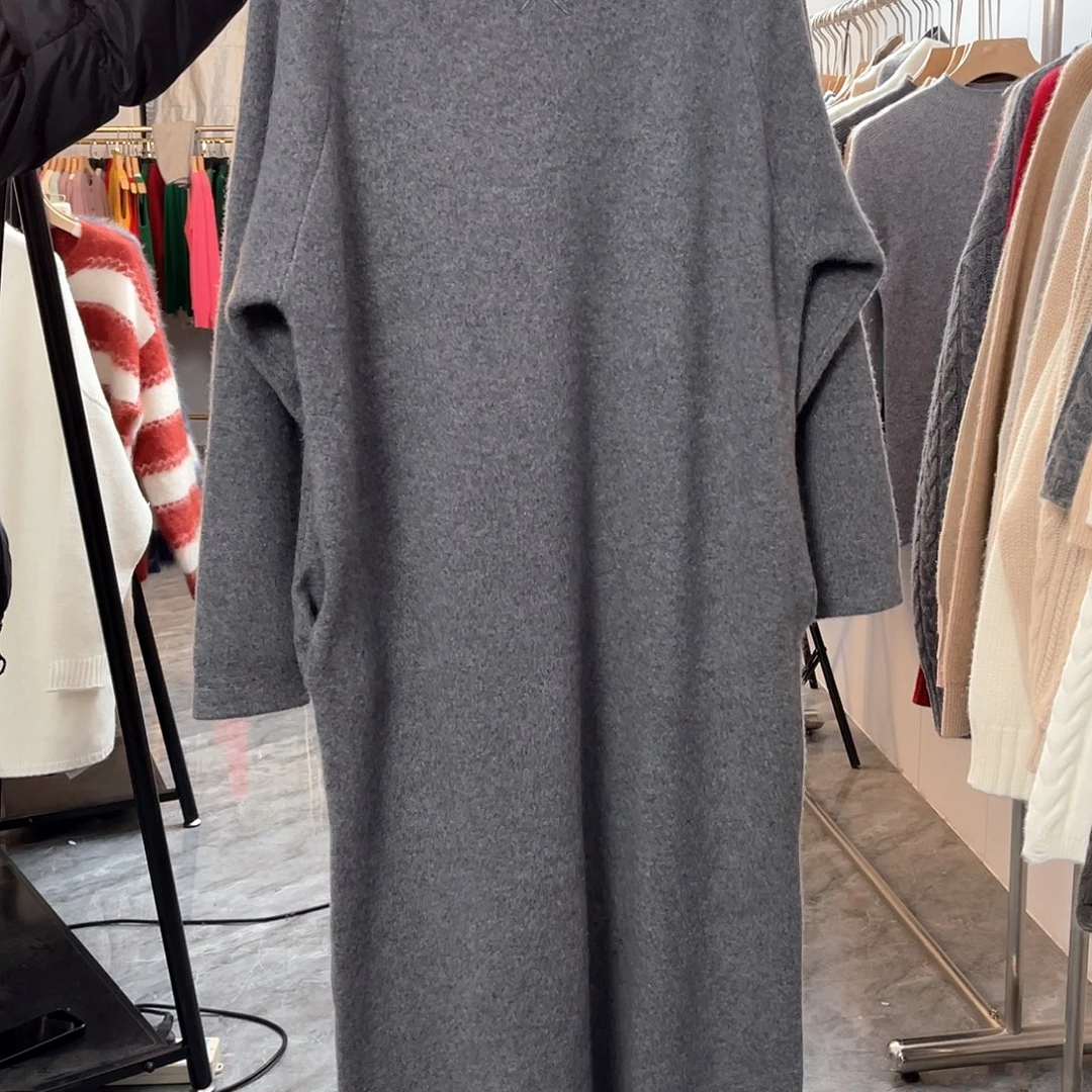 单品 圆领 连衣裙 羊绒 灰色
