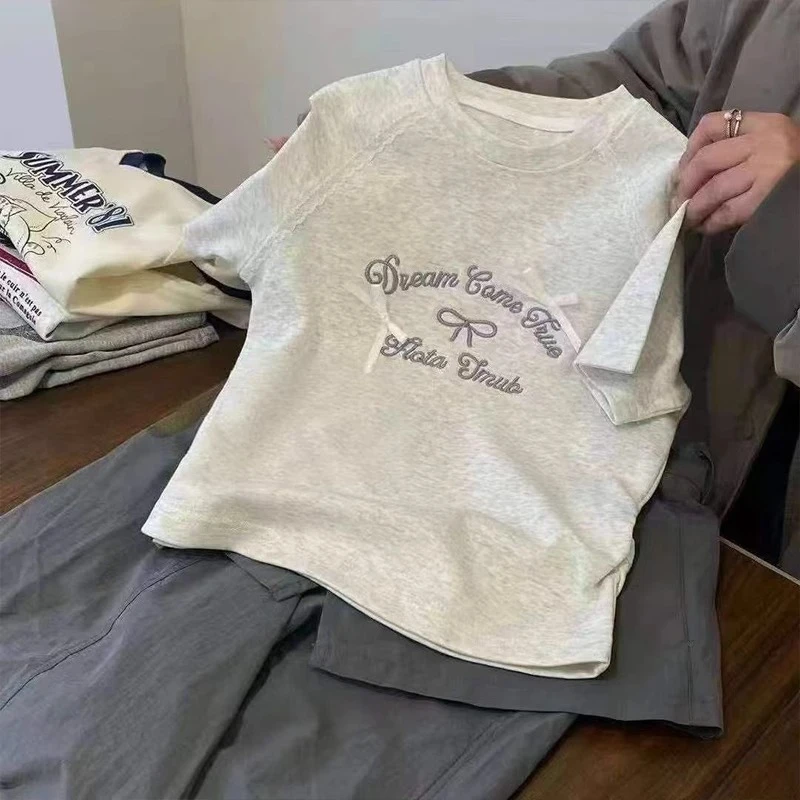 女童t恤夏季2025新款洋气儿童蝴蝶结刺绣上衣女孩夏装半袖打底衫