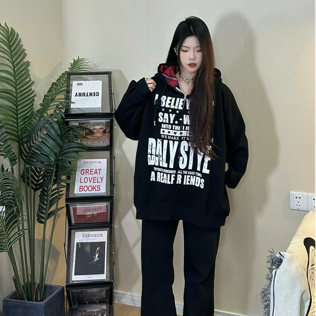 美式复古斑驳字母印花拼接格子开衫连帽卫衣外套