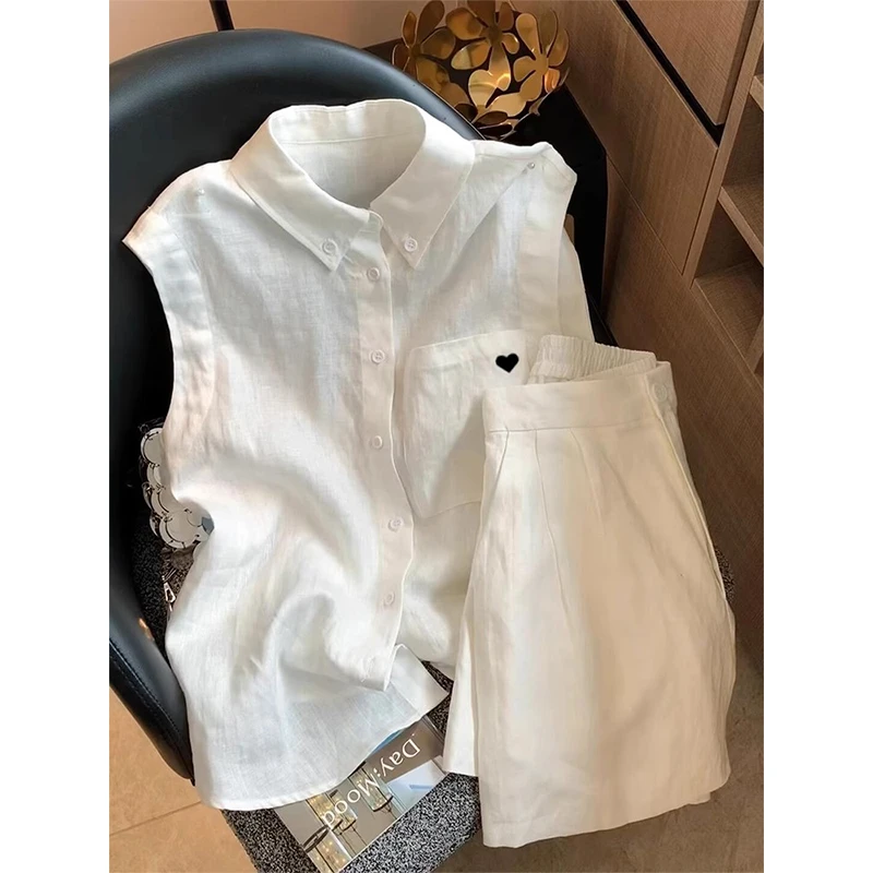 2025新款超火夏装一整套小个子显高穿搭白色无袖亚麻衬衫套装裤女