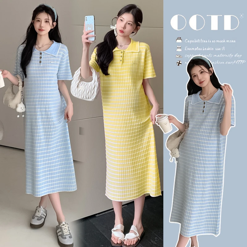 【酥酥】2025新款夏季气质短袖孕妇连衣裙polo领撞色菱格冰丝女裙