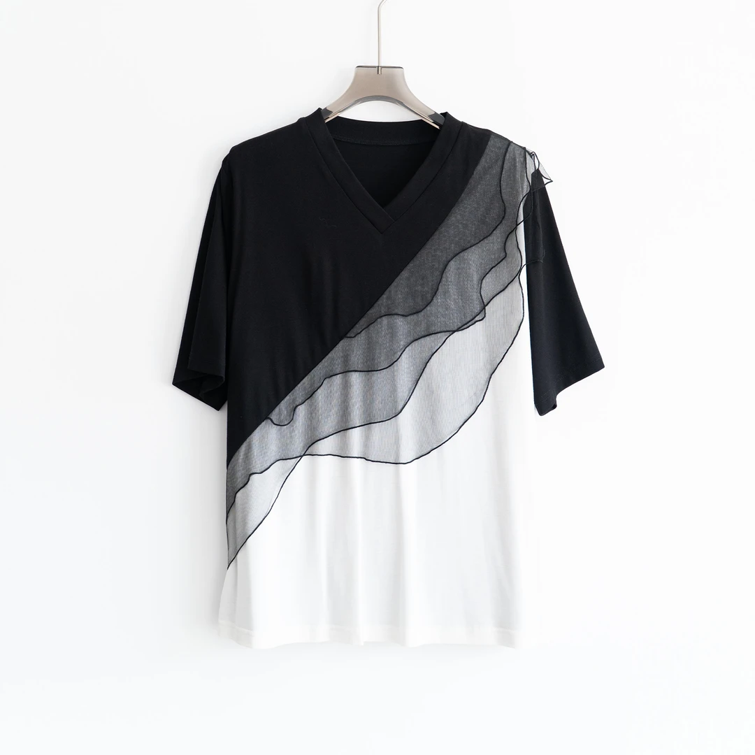 PS250316夏新款小众设计休闲时尚百搭短袖T恤新中式写意拼接圆领