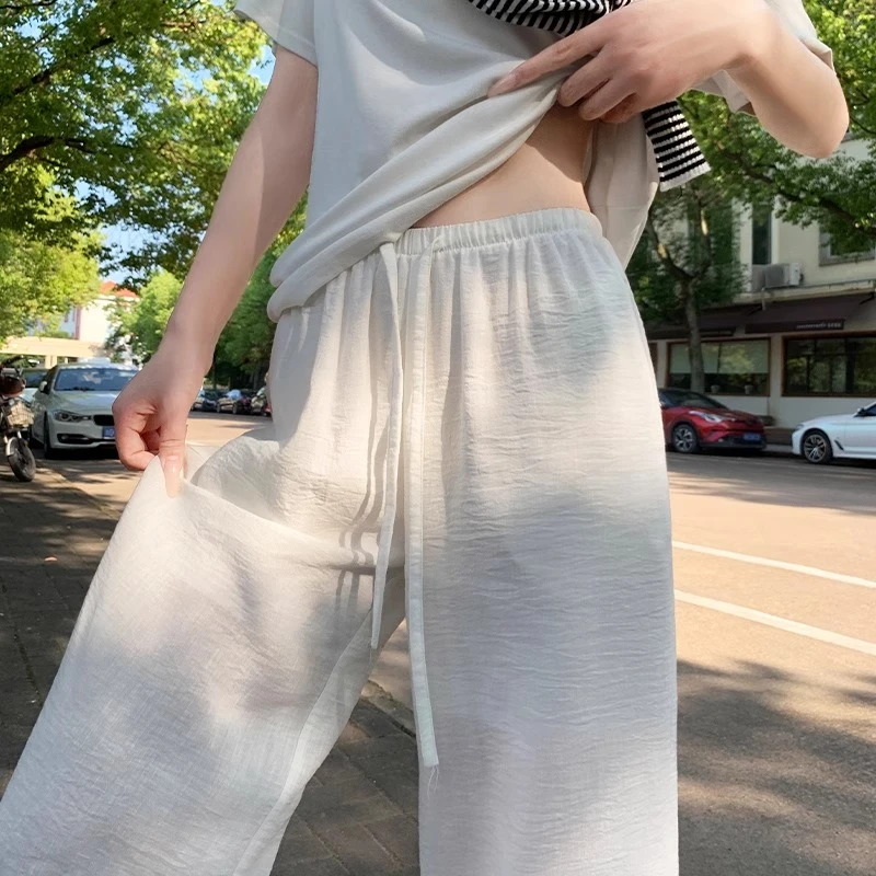 白色亚麻华麻阔腿裤女夏季薄款高腰垂感老钱风宽松直筒休闲棉麻裤