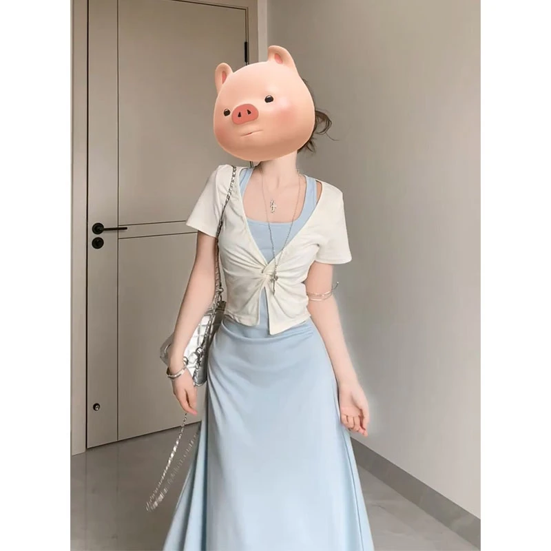 2025夏季新款女法式气质修身扭结短袖上衣方领收腰显瘦挂脖连衣裙