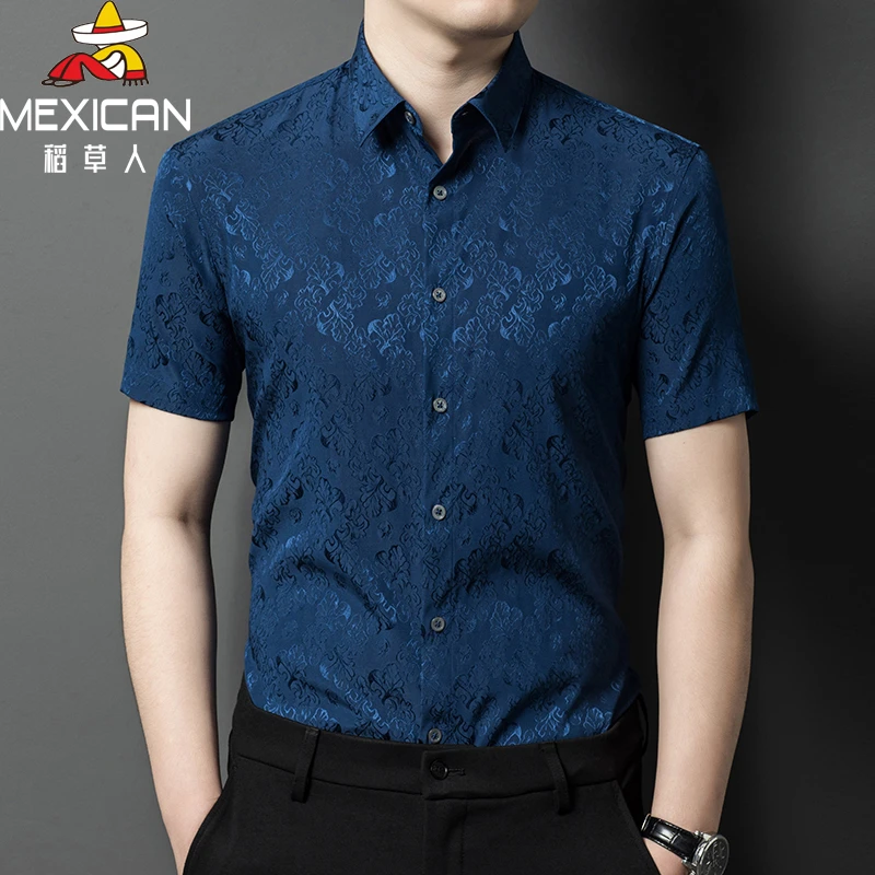 稻草人提花短袖夏季碎花男士高档休闲时尚男衬衫桑蚕丝无痕潮流男