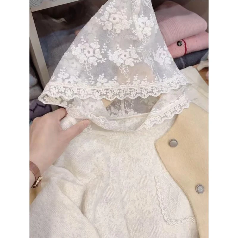 七言家  高货！奶米钉珠假口袋蕾丝帽衫@