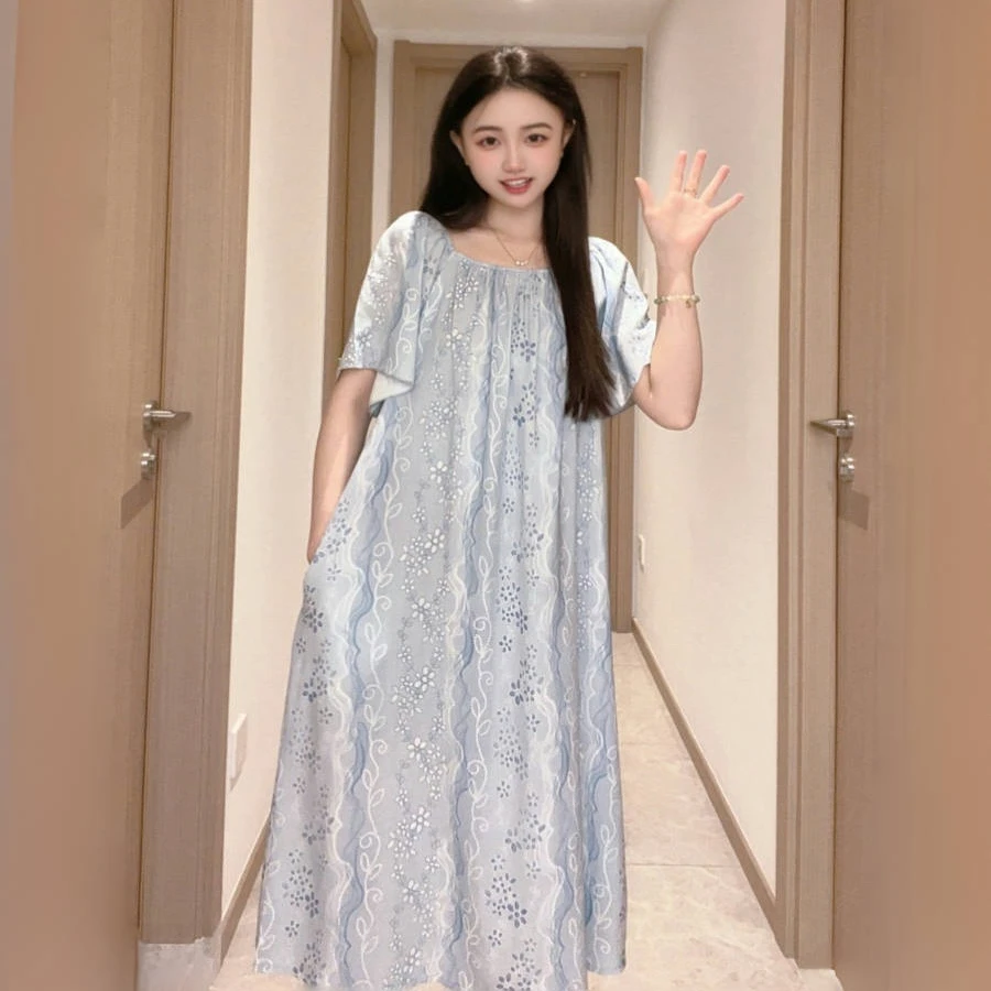 【双口袋】棉绸短袖睡裙休闲宽松一字肩方领百搭外出裙带口袋现