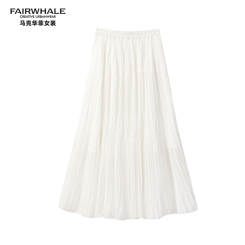 马克华菲女装百褶半身裙夏季2025松紧高腰显瘦垂感a字大摆伞裙