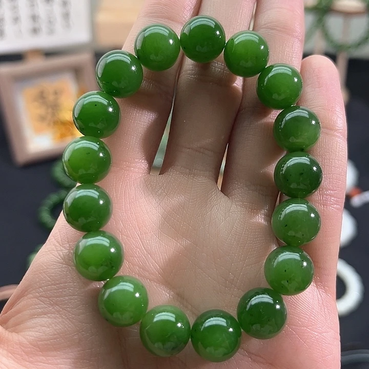 和田玉颈饰未镶嵌碧玉-菠菜绿-12mm手串