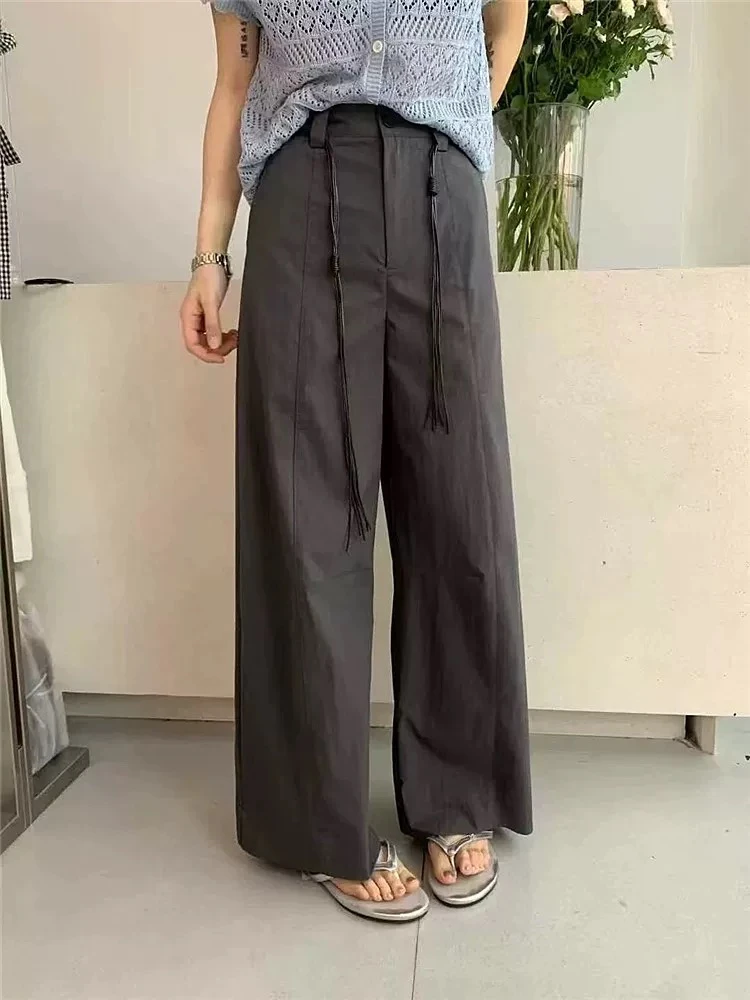 夏季高腰抽绳宽松阔腿休闲裤女百搭时尚设计感9877