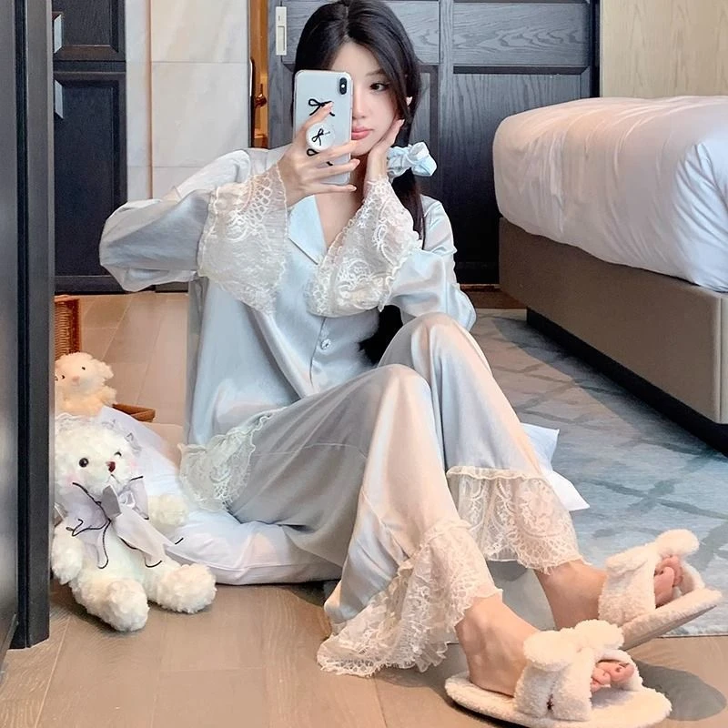 2025爆款高级感睡衣女春秋季冰丝凉感甜美性感蕾丝家居服套装睡衣