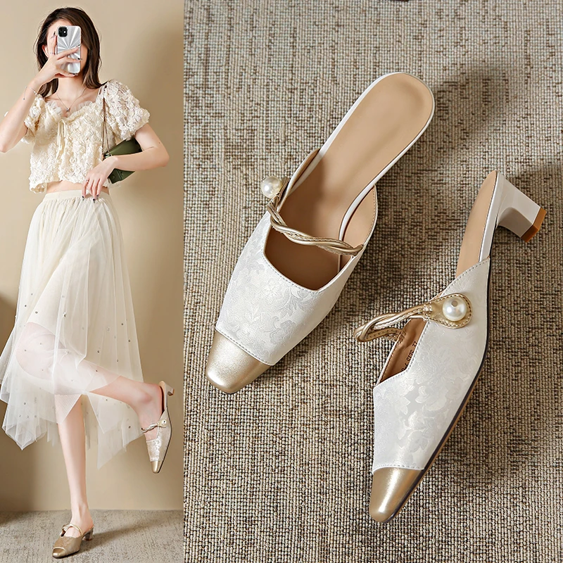 时尚百搭半拖鞋女夏季半托鞋外穿凉拖新中式国风鞋子粗跟高跟鞋