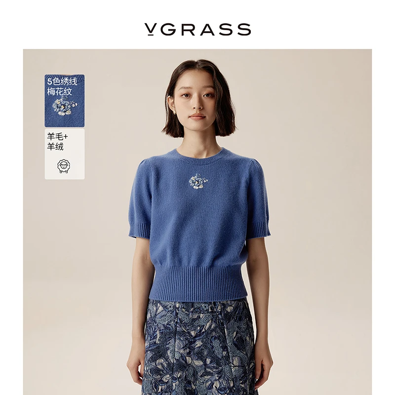 VGRASS梅花纹立体绣花针织衫25年春季羊毛羊绒短袖毛衣VZZ3P4910A