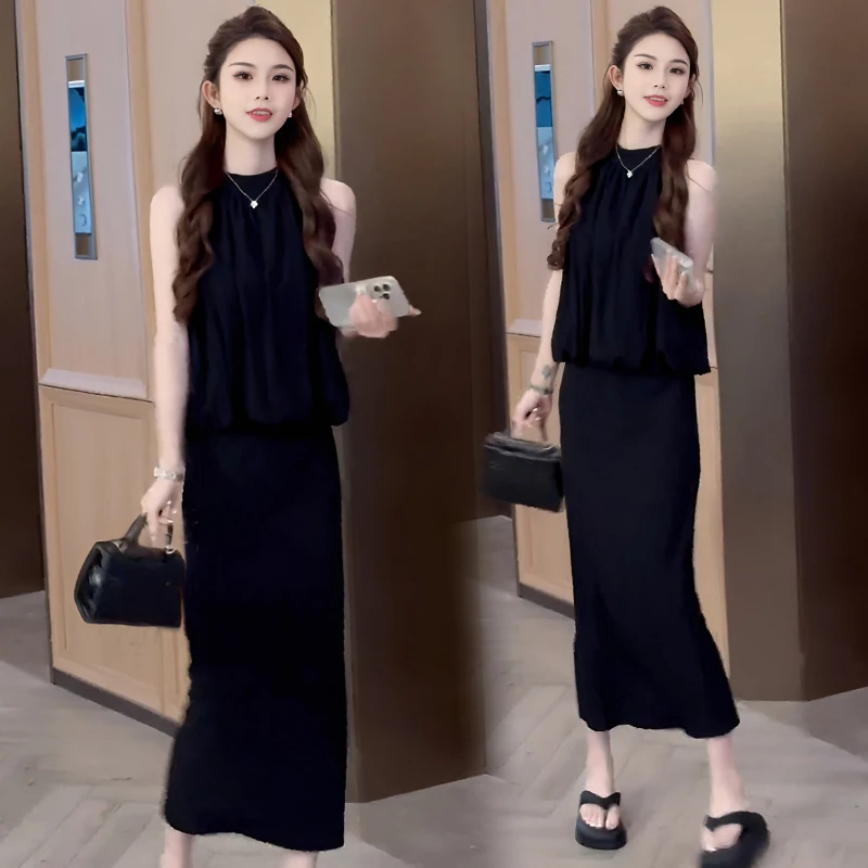 休闲时尚套装女2025夏季新款高级感慵懒气质挂脖上衣半身裙两件套
